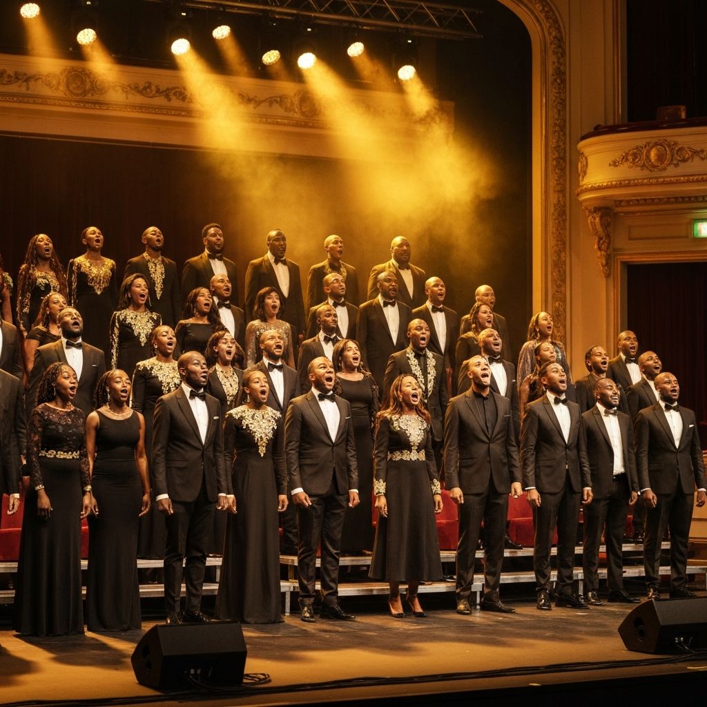 Choir performing on stage in formal attire
